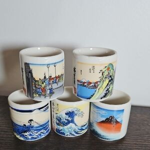Set of 5 Vintage Japanese Art Ceramic Shot Glasses / Sake Cups